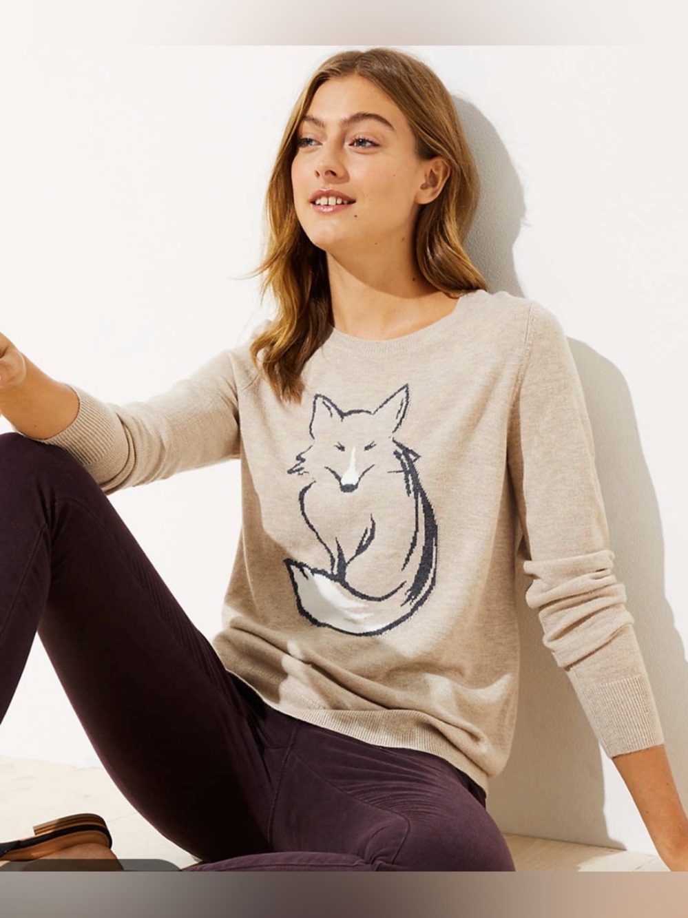 LOFT fox graphic crewneck sweater beige sz M